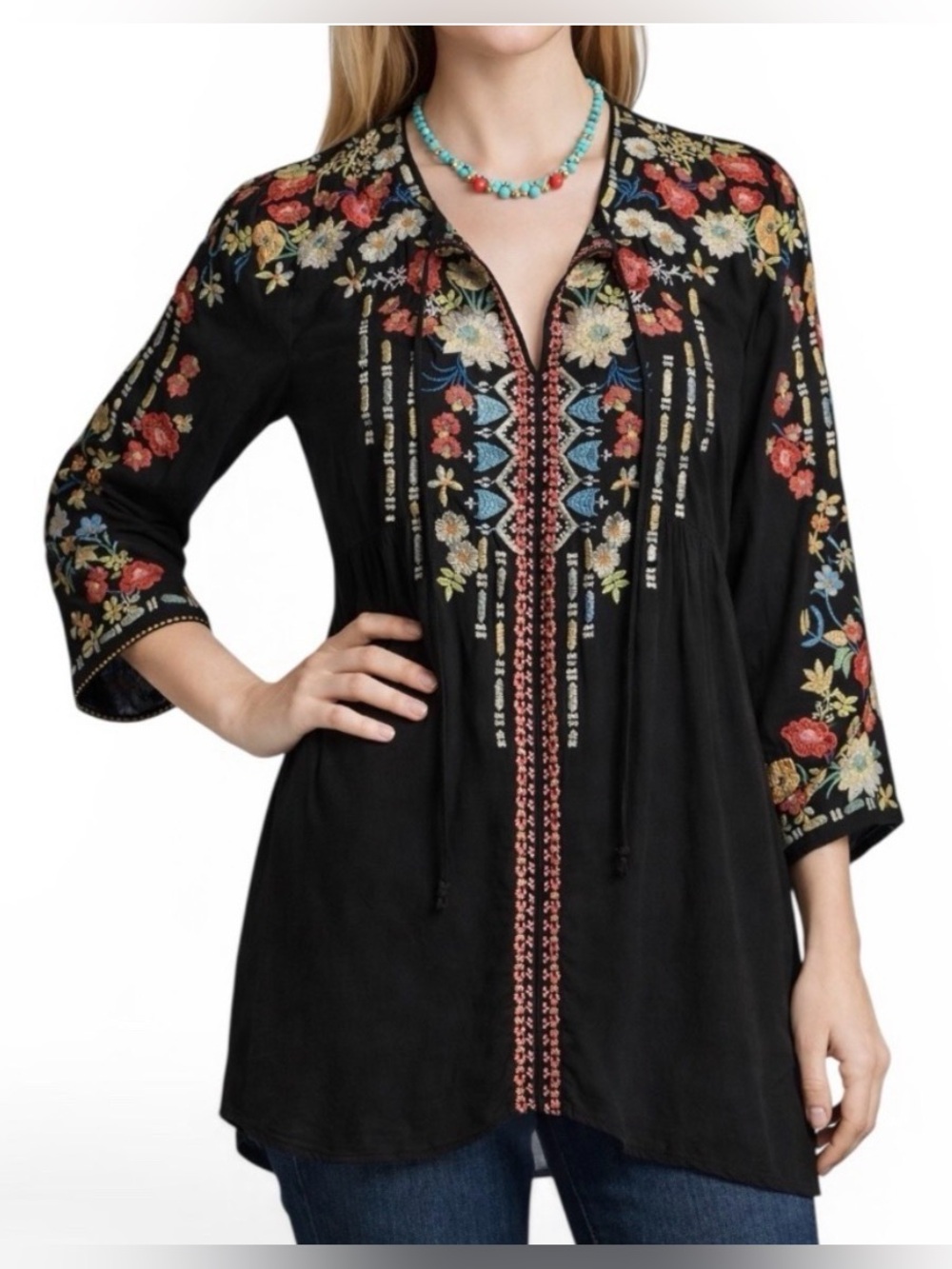 Johnny Was Women’s Emily Cupra Rayon Embroidered Front Tie Top Size Small